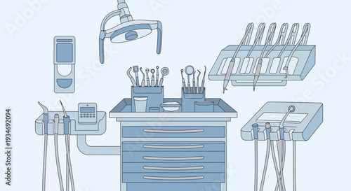 Dental Clinic Illustration Depicting Specialized Tools and Equipment for Oral Healthcare Procedures