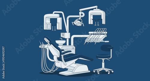 Dental Clinic Illustration Depicting Specialized Equipment For Teeth Examination and Treatment