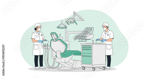 Dental Clinic Illustration Featuring Professionals and Advanced Medical Equipment For Treatment