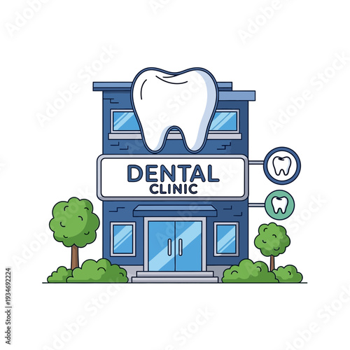 Dental Clinic Illustration: Modern Facade Depicting Oral Healthcare Services and Expertise