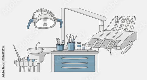 Dental Clinic Illustration, Equipment Depiction, Professional Healthcare Treatment Concept