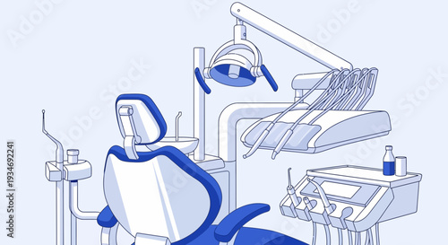 Dental Clinic Illustration, Healthcare Equipment, Blue Line Art for Medical Purposes