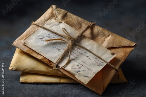 Stack of vintage handwritten love letters with twine string and red hearts, aged weathered paper with calligraphy
