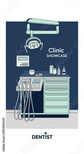 Dental Clinic Illustration Showcasing Modern Equipment and Tools in Professional Healthcare Setting