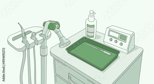 Dental Clinic Illustration, Healthcare Equipment, Medical Instruments, Hygienic Tools, White Room