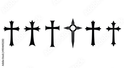 Six black ornate Christian cross symbols isolated on white.