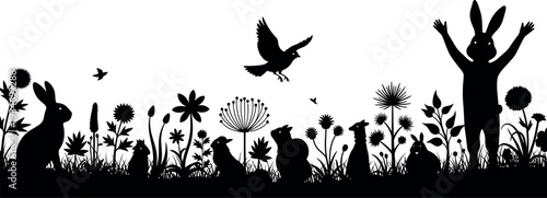 Easter spring floral silhouette with birds and flowers