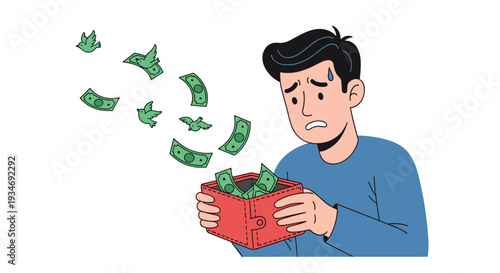 A worried man in a blue shirt clutches a red wallet as green banknotes, some shaped like birds, fly away.