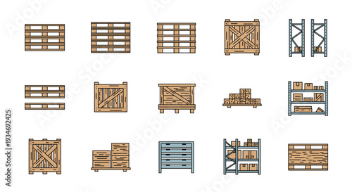 A grid displays fifteen flat-style icons, including wooden pallets, crates, metal shelving units, and cardboard boxes.