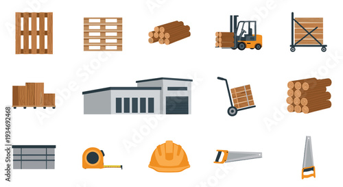 A grid displays fifteen flat-style icons, including wooden pallets, logs, a forklift, a building, and various construction tools.
