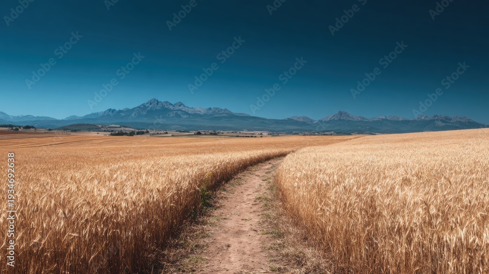 Fototapeta premium Golden wheat field path leading to distant mountains
