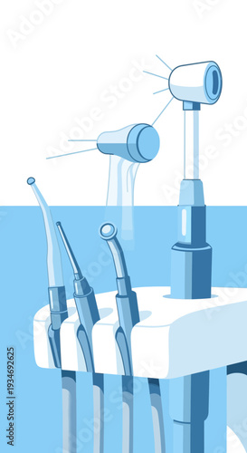 Dental Equipment Illustration: Clean, Modern Medical Tools in Blue and White Against a Light