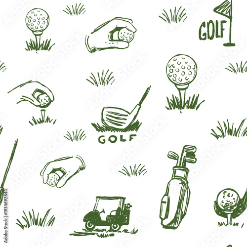 Golf sketch seamless pattern. Sports tools vector illustration. Hand drawn vintage style, isolated