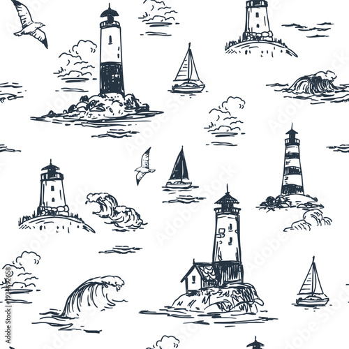 Lighthouses, seamless pattern, seaside marine, seagulls, doodle, monochrome illustrations, hand-drawn sketches.