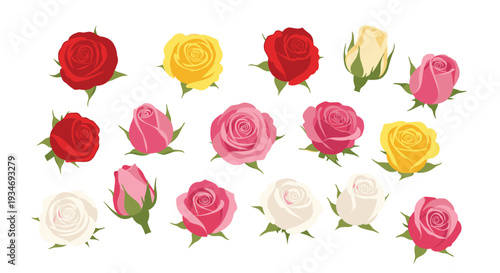 A charming collection of fifteen colorful rose buds, featuring red, yellow, pink, and white hues, is scattered across a clean white background.