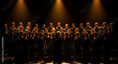 Large choir group performing on stage with dramatic spotlights.