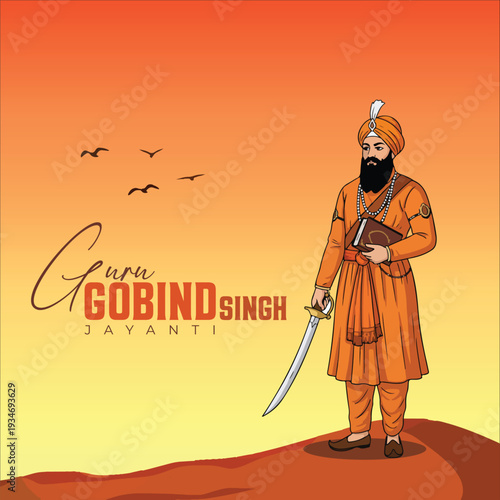 Guru Gobind Singh Jayanti Celebration Illustration, Sikh Tenth Guru Spiritual Portrait for Religious Festival Design