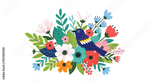 A colorful bird sits among vibrant summer floral elements.