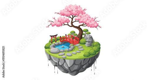 A detailed isometric illustration depicts a serene Japanese garden on a floating island, complete with a cherry blossom tree, pond, and torii gate.