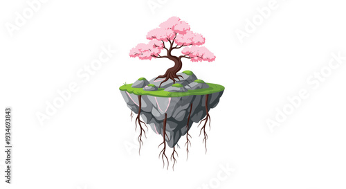 A simpler isometric illustration presents a floating island dominated by a single vibrant pink cherry blossom tree with exposed roots.
