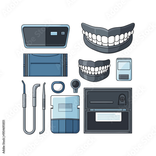 Dental Equipment Illustration Depicting Teeth, Tools, and Modern Medical Technology