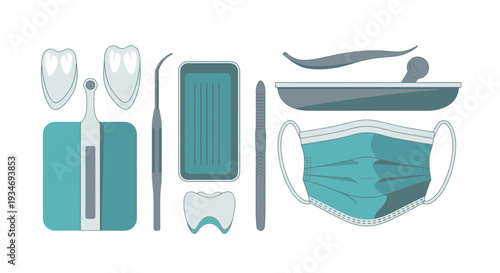 Dental Equipment Illustration Depicting Teeth, Tools, And Protective Elements Isolated On White