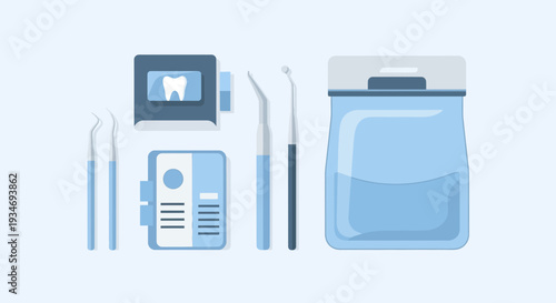 Dental Equipment Illustration Depicting X-Ray, Instruments and Solution for Oral Health