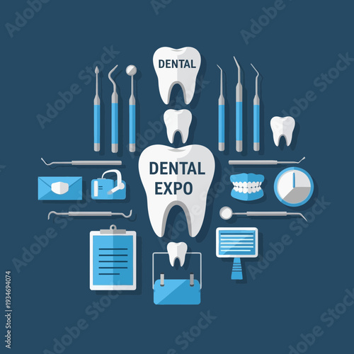 Dental Expo: Modern Illustrations of Dental Tools, Teeth, and Related Medical Equipment