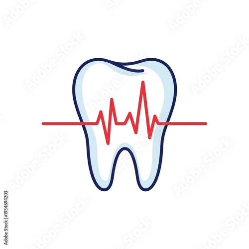 Dental Health Illustration Featuring a Tooth and Red Heartbeat Line Graphic Design Concept