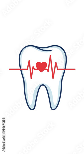 Dental Health Illustration Featuring a Tooth with a Heartbeat Graphic for Medical and Healthcare