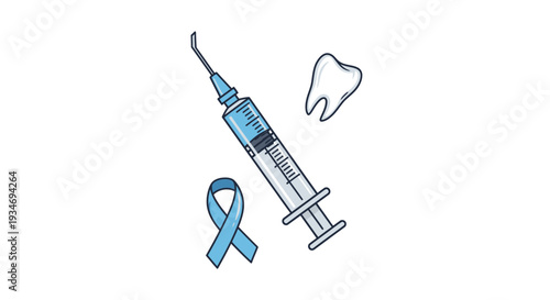 Dental Health Illustration Featuring Syringe, Tooth, and Blue Ribbon Against White Backdrop
