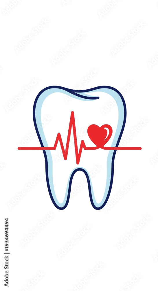 Obraz premium Dental Health Illustration Showcasing a Tooth Intersecting With a Red Heartbeat and Heart Symbol