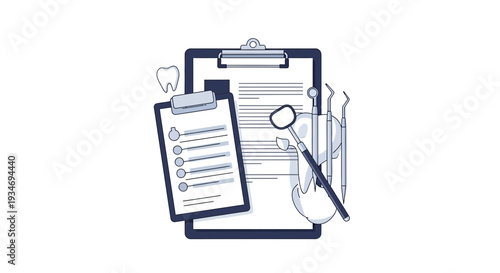 Dental Health Examination Documents and Tools Depicted in Simple Digital Illustration