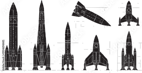 Rocket Silhouette Engineering Blueprint and Technical Design Set