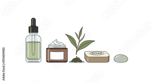 A minimalist arrangement of five natural skincare items, including a dropper bottle, cream jar, tea leaves, soap, and a pebble, is displayed on a pristine white background.