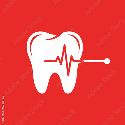 Dental Health Illustration Showcasing a Tooth Incorporated with a Vitality Pulse Line on Red