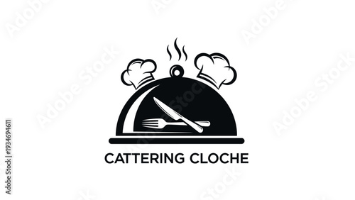 Catering cloche with chef hats, fork and knife, restaurant logo.