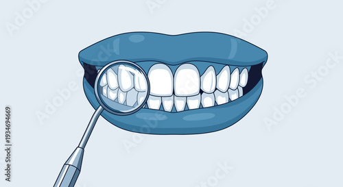 Dental Health Illustration: Clean Teeth, Dentist Mirror, Cartoon Mouth and Oral Care Concept