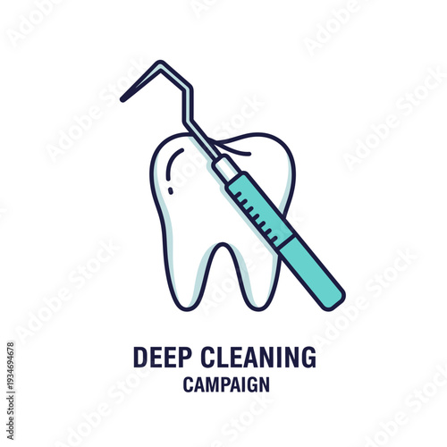 Dental Health Illustration: Deep Cleaning Campaign Depicting Tooth and Dentist's Tool