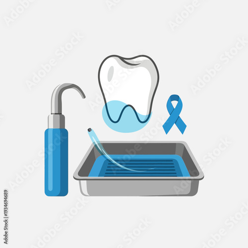 Dental Health Illustration: Clean Teeth, Tools, and Ribbon for Healthcare and Awareness Campaigns