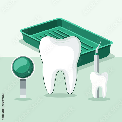 Dental Health Illustration: Clean Tooth, Professional Tools, Green Tray, and Bright Focus
