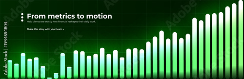 Finance Analytics Growth Revenue Performance. Dashboard KPI Metrics Insights Reporting Strategy Forecast Trend Uptrend Chart Bars Data Visualization. Green Vector Illustration