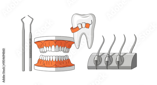 Dental Health Illustration with Tools and Teeth Ready for Treatment and Procedures