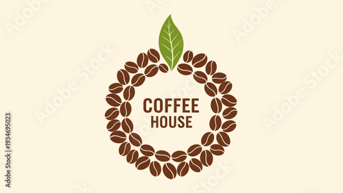 Coffee House logo with coffee beans wreath and green leaf.