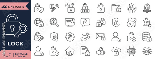 Lock and key security line icon set for data privacy and access control