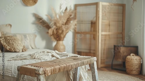 Soft light bathes cozy bedroom corner. Woven bench sits beside bed with knitted blankets. Pampas grass adds warm, natural texture. Wooden screen divides space gently. Rattan basket rests nearby