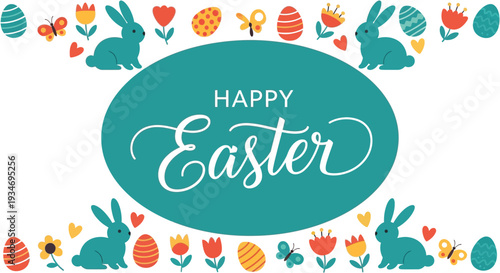 A teal oval frame holds happy Easter text with bunnies.