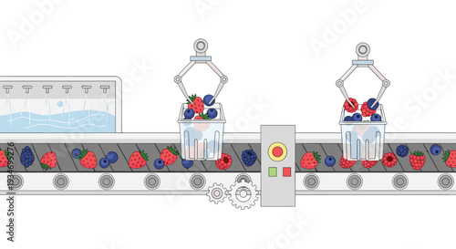 An automated conveyor belt system with robotic arms efficiently processes and packages mixed berries into clear containers.