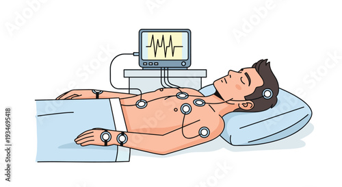 A male patient lies supine with electrodes attached to his body, connected to a medical monitor displaying vital signs.