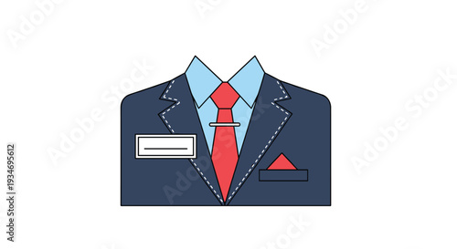 The upper torso of a person is shown wearing a navy blue suit, light blue shirt, red tie with a clip, and an ID badge.
